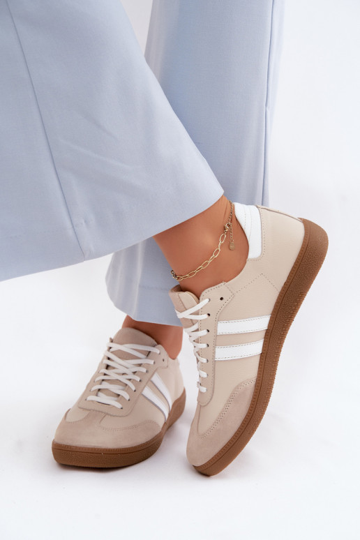 Zazoo N1068 leren lage sneakers voor dames in zandkleur