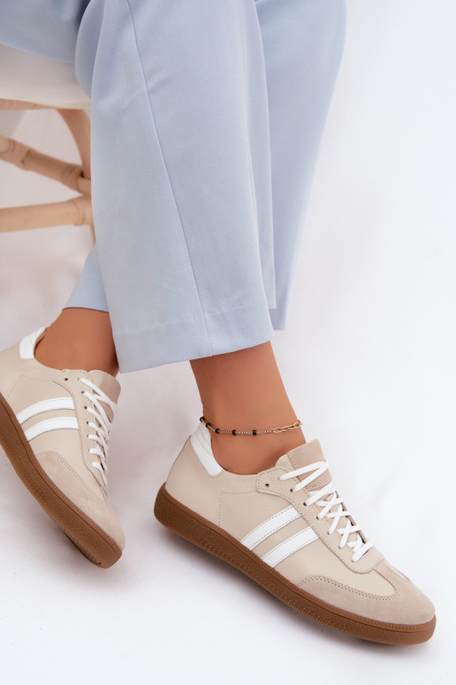 Zazoo N1068 leren lage sneakers voor dames in zandkleur