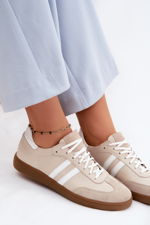 Zazoo N1068 leren lage sneakers voor dames in zandkleur