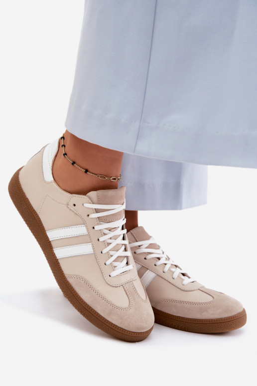 Zazoo N1068 leren lage sneakers voor dames in zandkleur