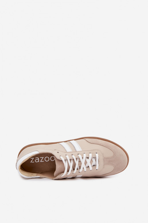 Zazoo N1068 leren lage sneakers voor dames in zandkleur