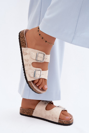 Dames slippers op kurk met gespen in zandkleur en goud Vivio
