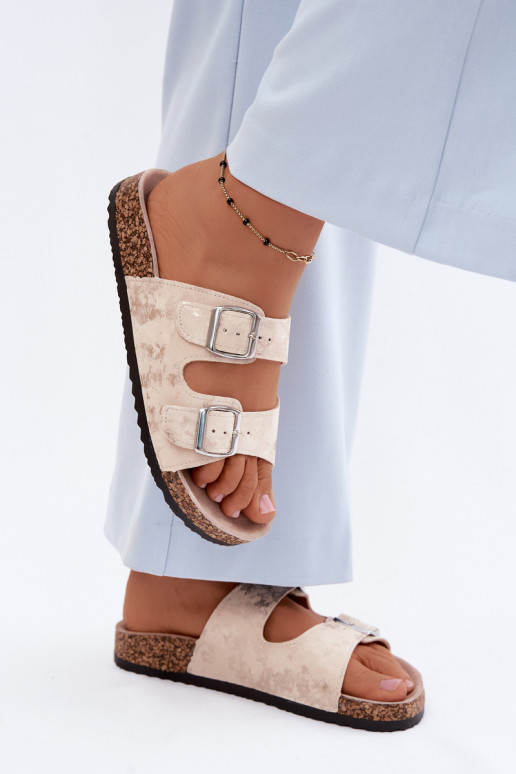 Dames slippers op kurk met gespen in zandkleur en goud Vivio