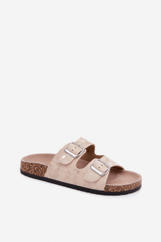 Dames slippers op kurk met gespen in zandkleur en goud Vivio