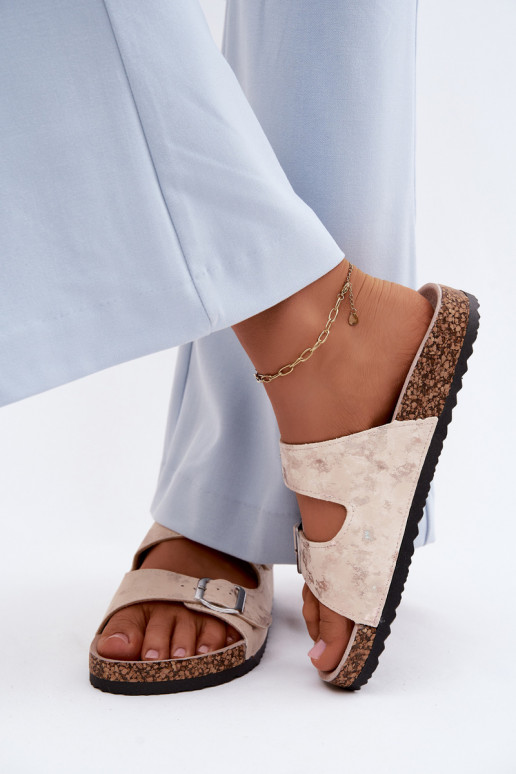 Dames slippers op kurk met gespen in zandkleur en goud Vivio