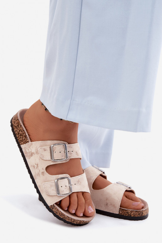 Dames slippers op kurk met gespen in zandkleur en goud Vivio