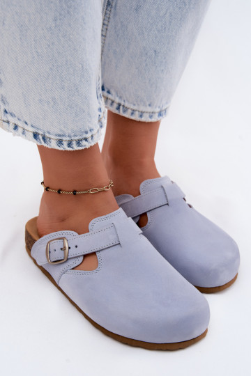 Leren Mule slippers met gespen in lichtblauwe kleur van Zazoo