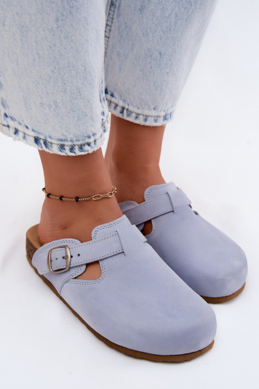 Leren Mule slippers met gespen in lichtblauwe kleur van Zazoo