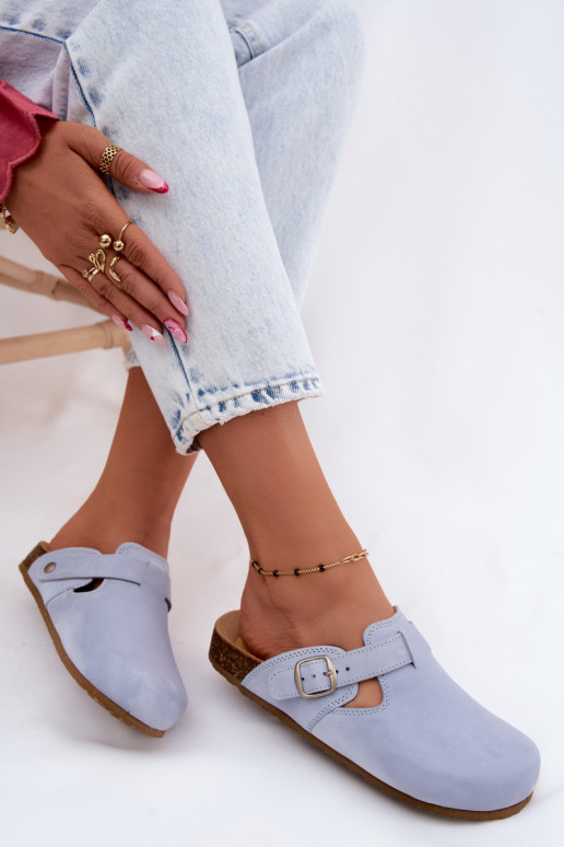 Leren Mule slippers met gespen in lichtblauwe kleur van Zazoo