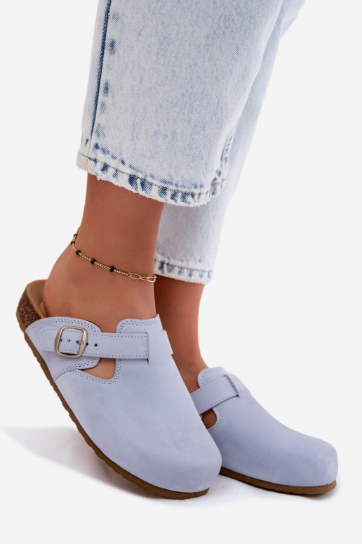 Leren Mule slippers met gespen in lichtblauwe kleur van Zazoo