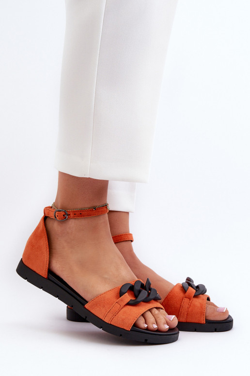 Platte dames sandalen met kettingen in oranje Vinceza 17320