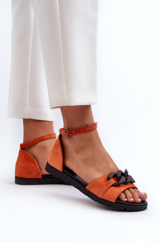 Platte dames sandalen met kettingen in oranje Vinceza 17320