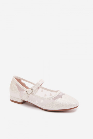 Glanzende kindersandalen met gaas en harten in wit Binky