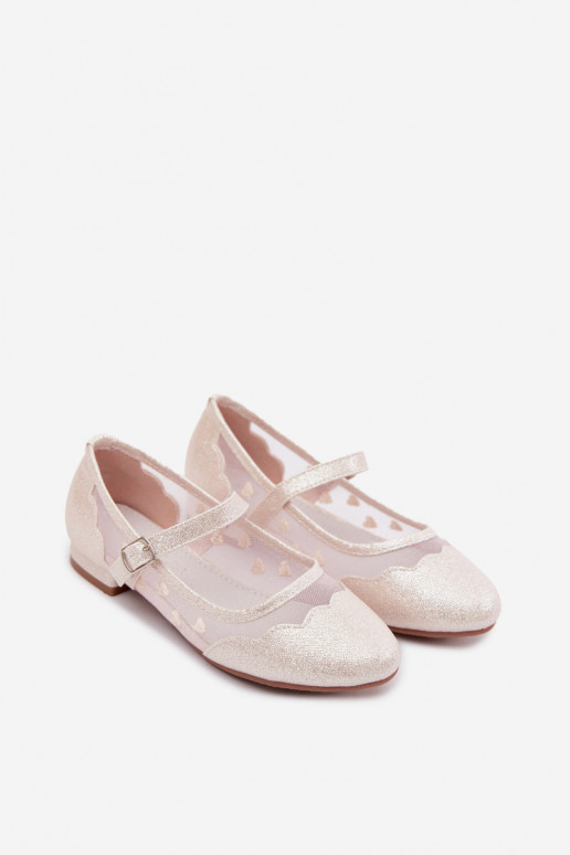 Glanzende kindersandalen met gaas en harten in zandkleur Binky