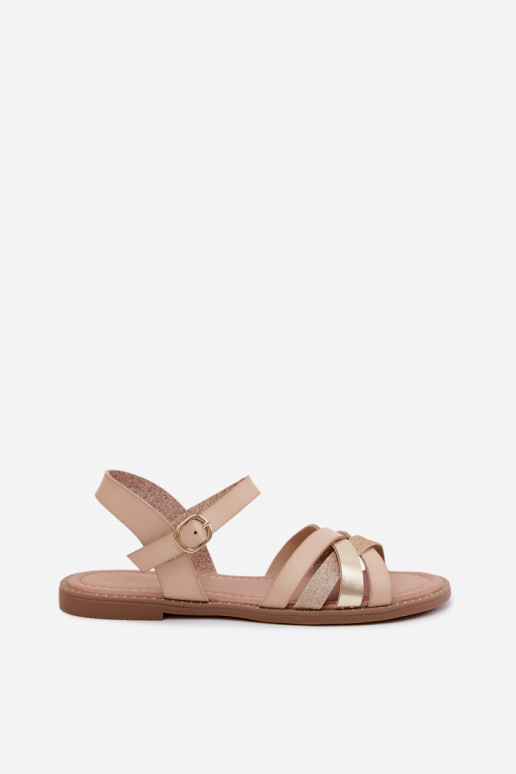 Vlakke dames sandalen met glans en banden in zandkleur Haden