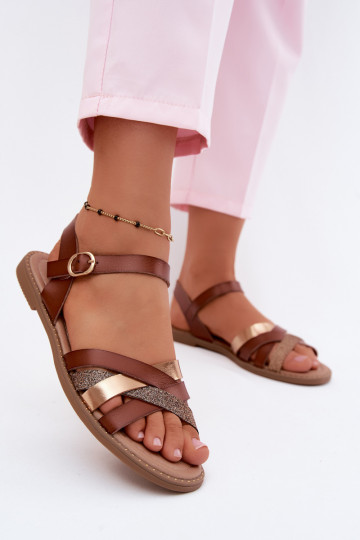 Vlakke dames sandalen met glans en banden in bruin Haden 2