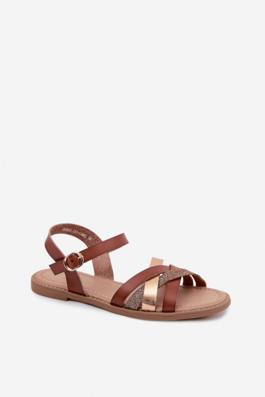 Vlakke dames sandalen met glans en banden in bruin Haden