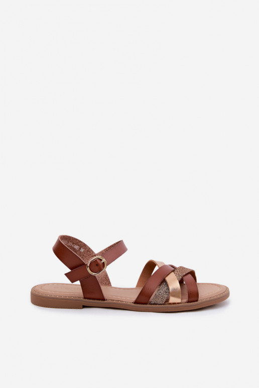 Vlakke dames sandalen met glans en banden in bruin Haden