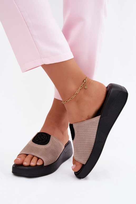 Leer Dames suède pantoffels Op buskinie beige Fablee