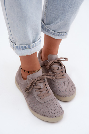 Dames schoenen van faux suede met veters in zandkleur Bahia