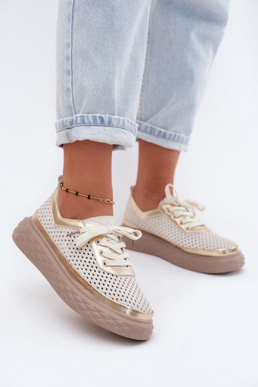 Dames schoenen van faux suede met platform en uitsnijdingen in zandkleur Lessa