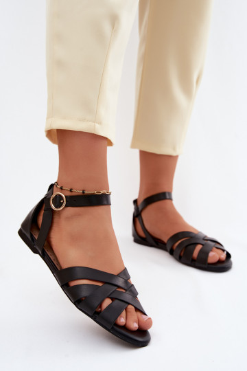 Dames platte sandalen met bandjes in zwarte faux leather Lagos 2