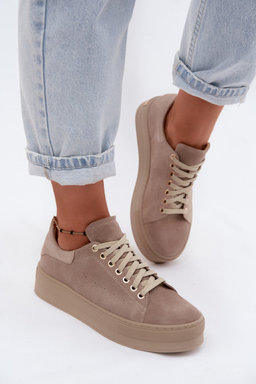 Dames sneakers van faux suede met platform in zandkleur Zazoo N408S7