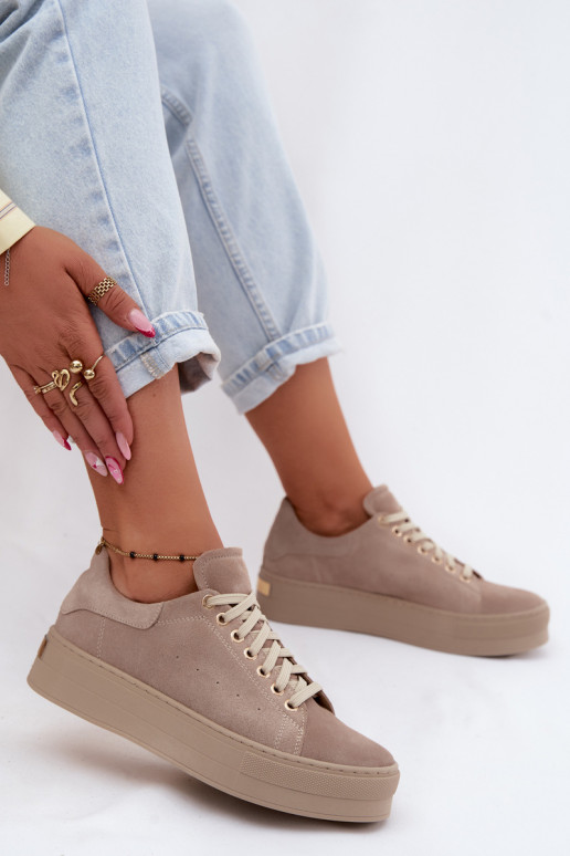 Dames sneakers van faux suede met platform in zandkleur Zazoo N408S7