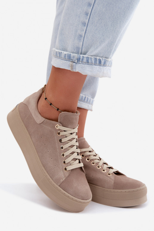 Dames sneakers van faux suede met platform in zandkleur Zazoo N408S7