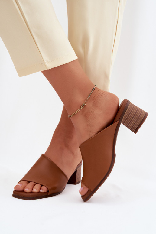 Bruine leren dames slippers met hak