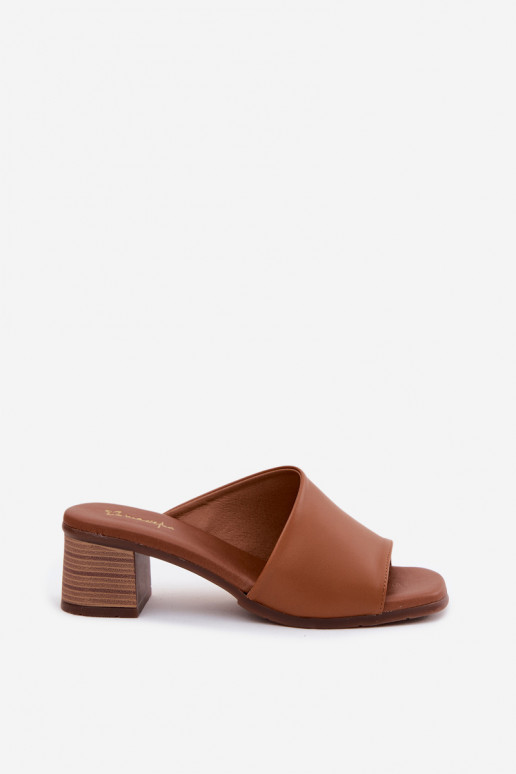 Bruine leren dames slippers met hak