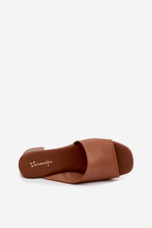Bruine leren dames slippers met hak