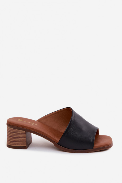 Zwarte leren dames slippers met hak