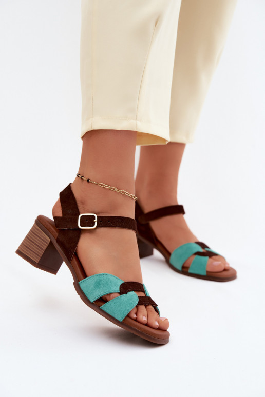 Turquoise-bruin suede dames sandalen met hak