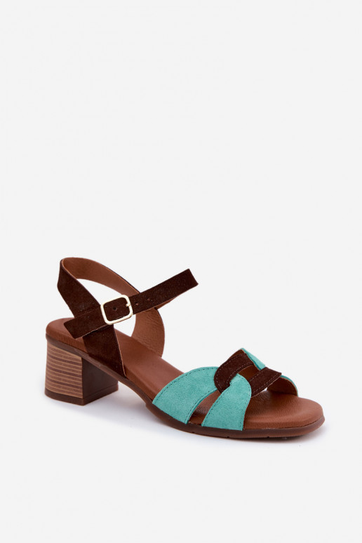 Turquoise-bruin suede dames sandalen met hak