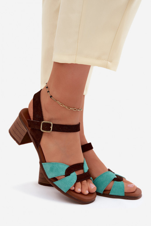 Turquoise-bruin suede dames sandalen met hak