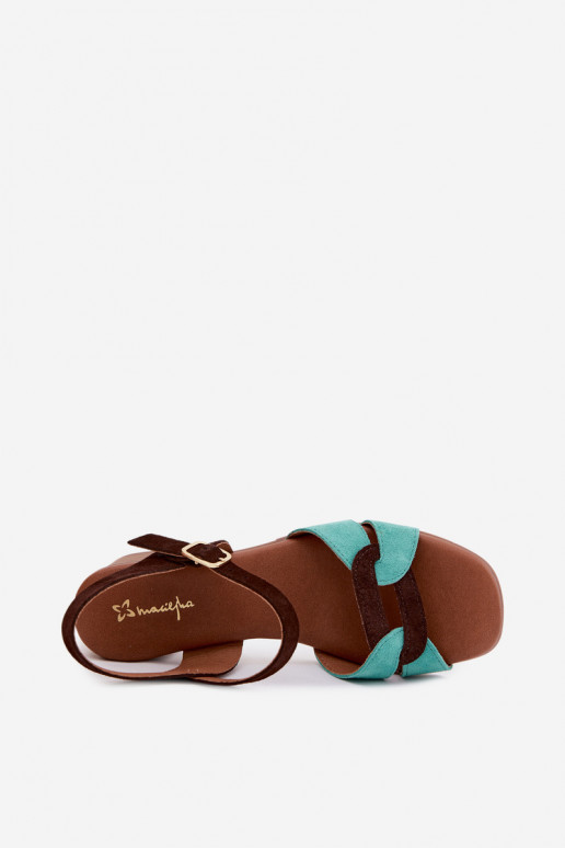 Turquoise-bruin suede dames sandalen met hak