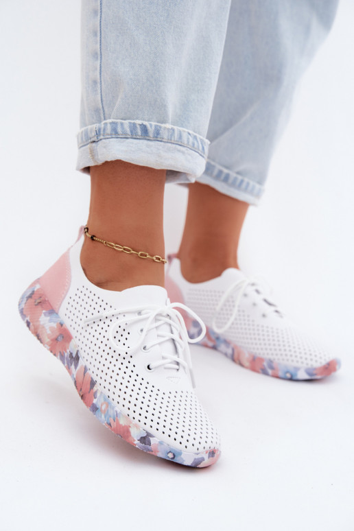 Dames leren schoenen met veters op een platform in wit-roze Artiker 58C0587