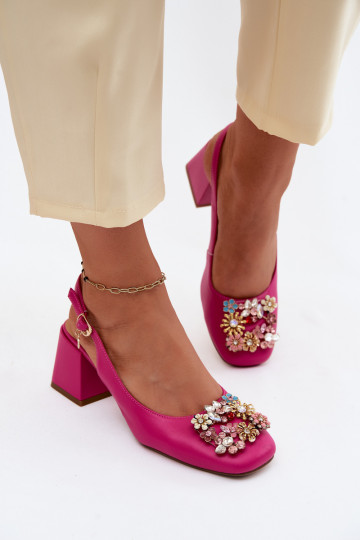 Leren schoenen met hakken, kristaldecor en bloemmotieven Artiker 58C0662 roze kleur