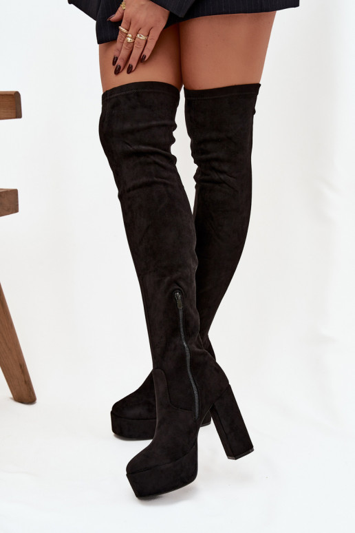 Zwarte lange laarzen van faux suede met hakken Amareen