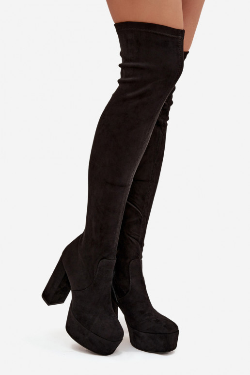 Zwarte lange laarzen van faux suede met hakken Amareen