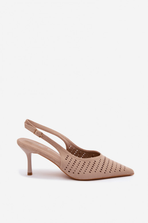 Zandkleurige geperforeerde sandalen met dunne hakken van faux suede Torielle