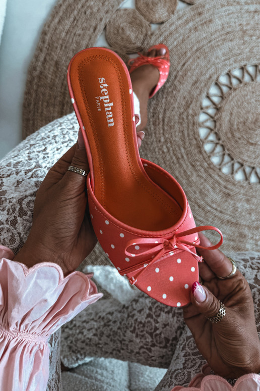 Dames slippers met strikken en stippen op een dunne hak in oranje kleur van Shinea