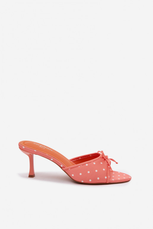 Dames slippers met strikken en stippen op een dunne hak in oranje kleur van Shinea