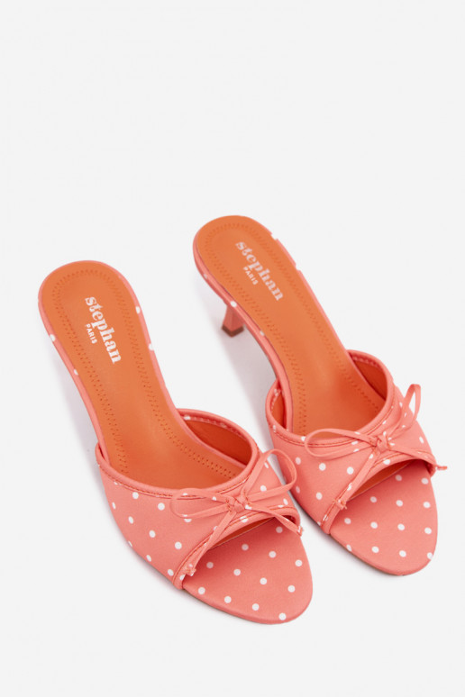 Dames slippers met strikken en stippen op een dunne hak in oranje kleur van Shinea