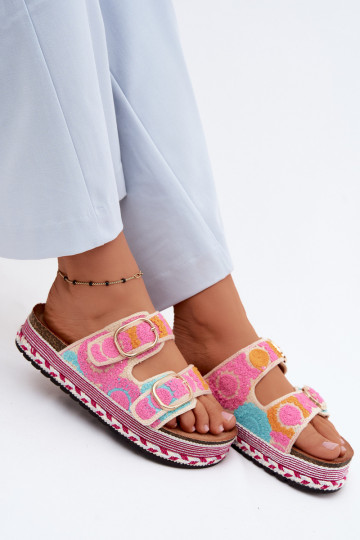 Glimma gehaakte slippers met platform en gespen in roze