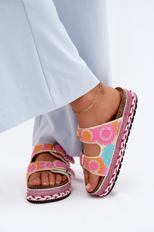 Glimma gehaakte slippers met platform en gespen in roze