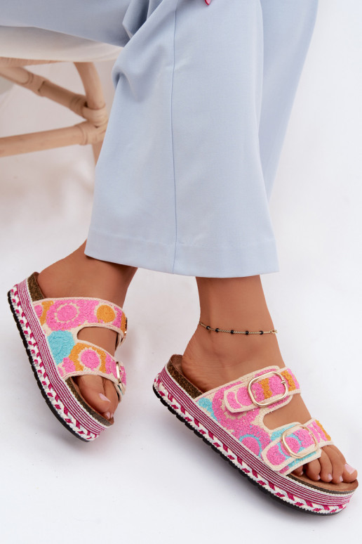 Glimma gehaakte slippers met platform en gespen in roze