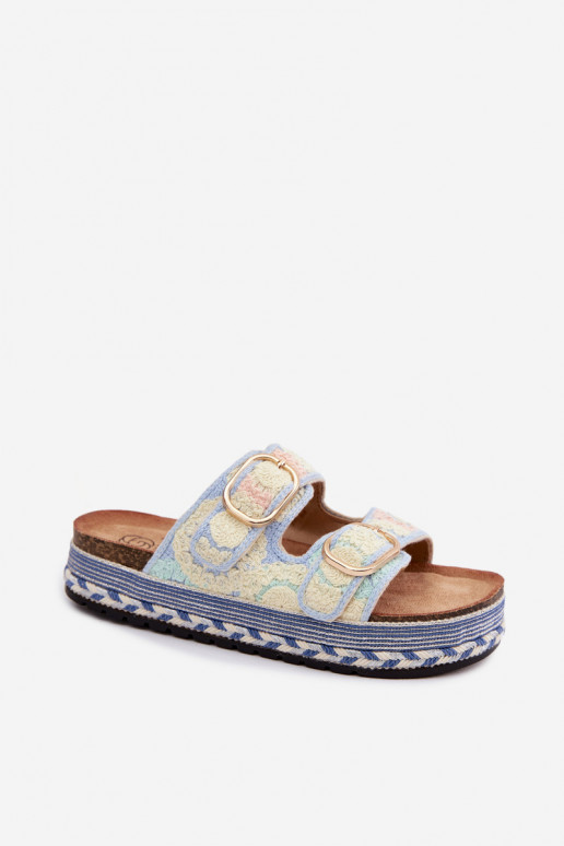 Glimma gehaakte slippers met platform en gespen in blauw