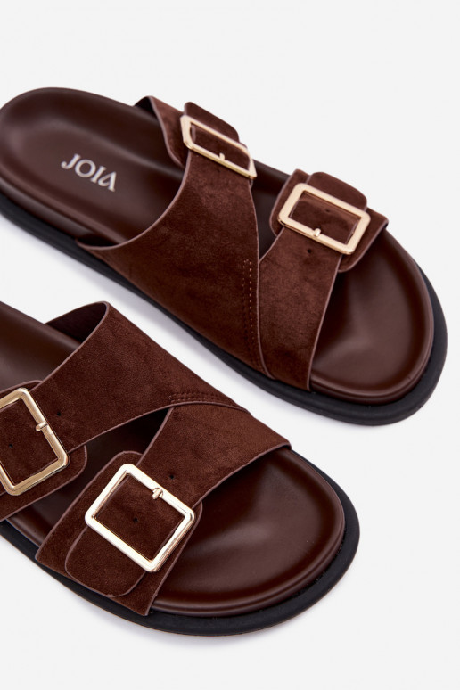 Dames chocoladekleurige slippers van kunstsuède met gouden gespen Selissea